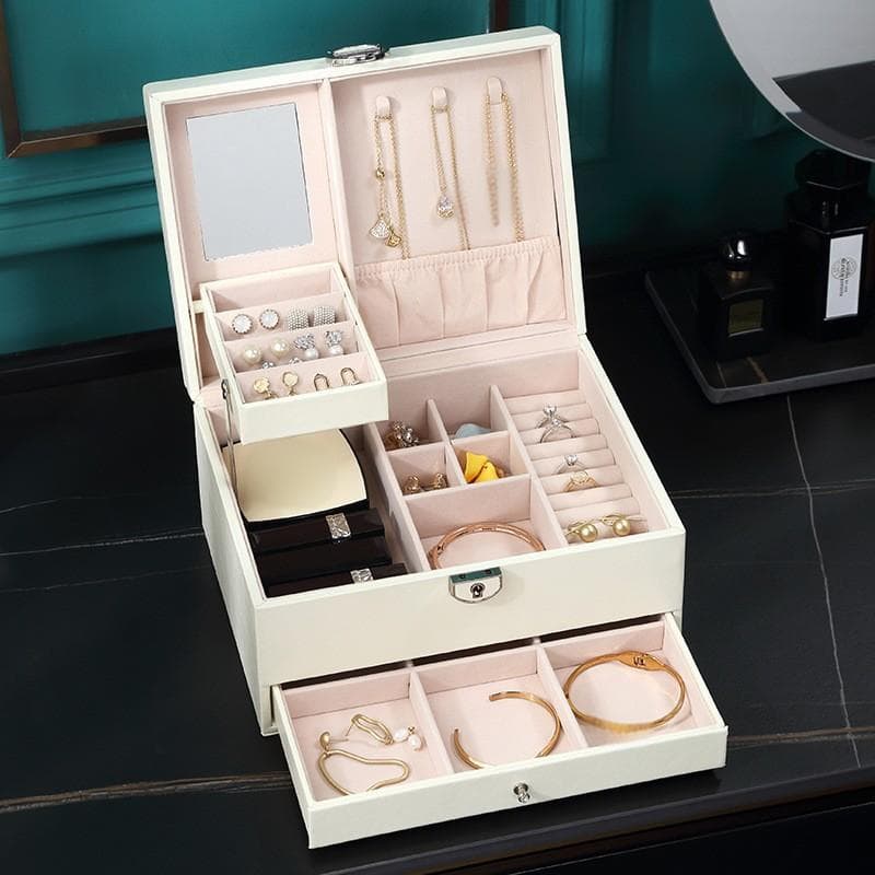 Jewelry Storage Box Large Capacity PU Leather Organizer With Mirror Lock Multi-Layer Design For Earrings Rings Necklaces Bracelets Home Use
