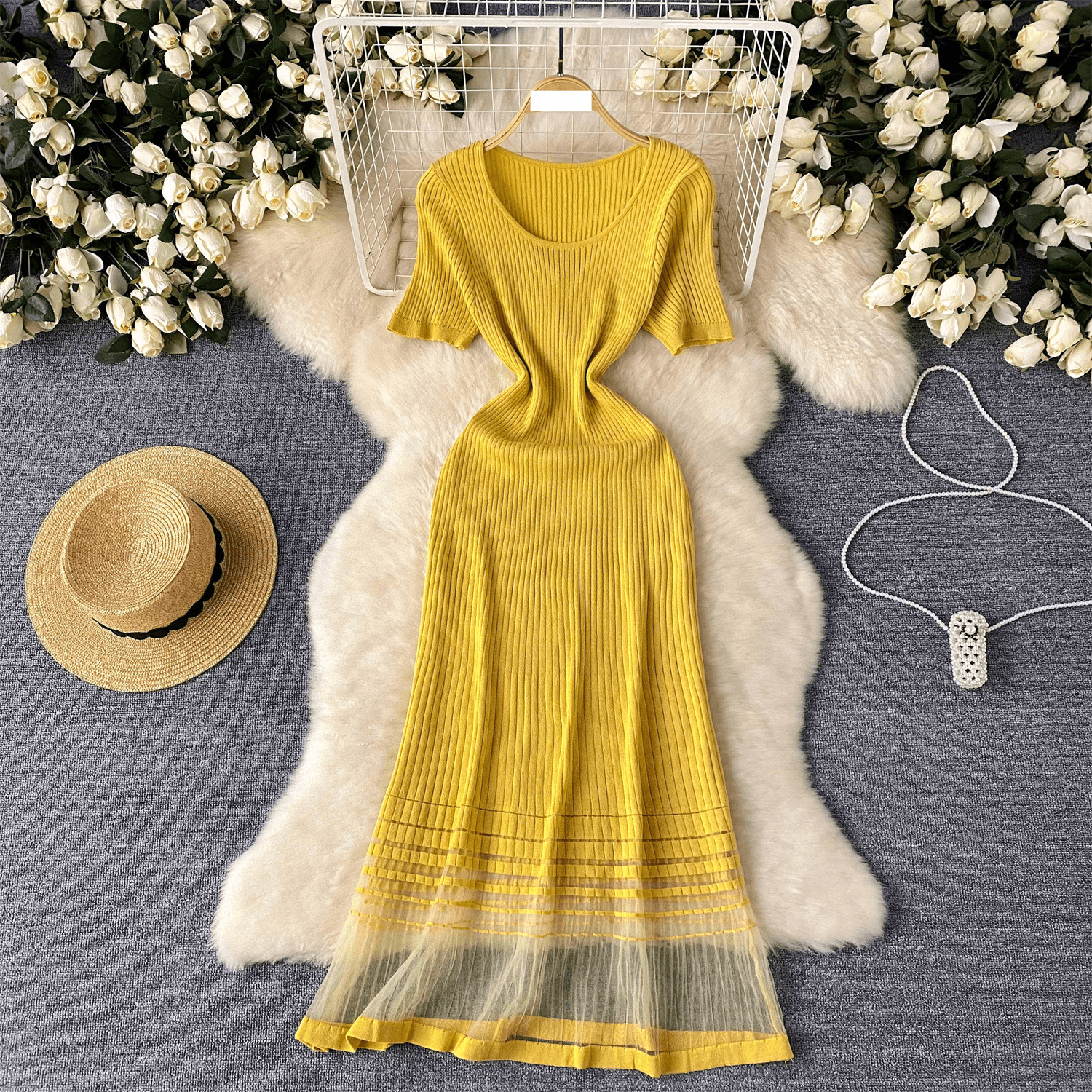 Women's Clothing light luxury high end knitted dress for women in summer mesh splicing design niche celebrity temperament long dress
