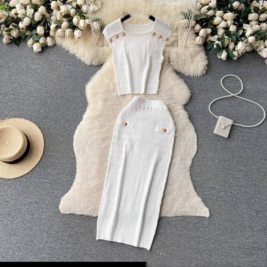 Women's Clothing sleeveless tops all match high waist skirt temperament lady style two piece suit