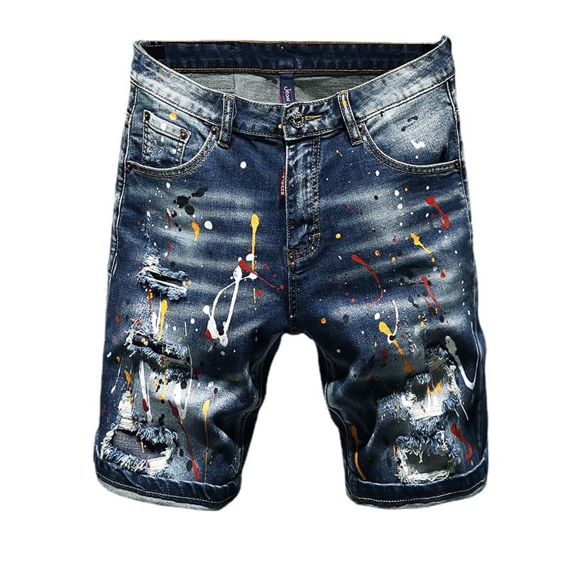 Men's Clothing 2024 Summer High Street Trendy Men's Spring Five-point Shorts Hand-painted Paint Hole Patch Patch Denim Shorts For Men