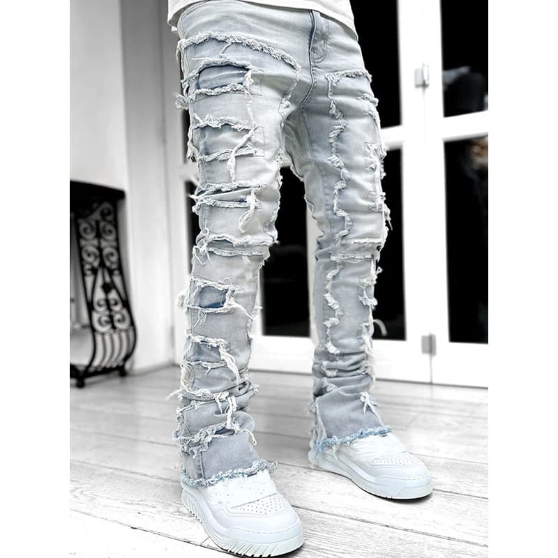 Fashion Jeans Men's New Stretch Patch Laminated Straight Pants