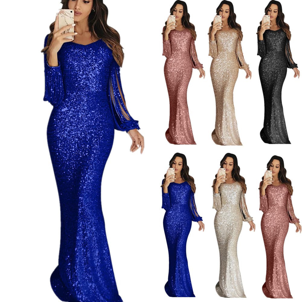 Women's Long Skirt Evening Dress Long-sleeved Tassel Dinner Dress