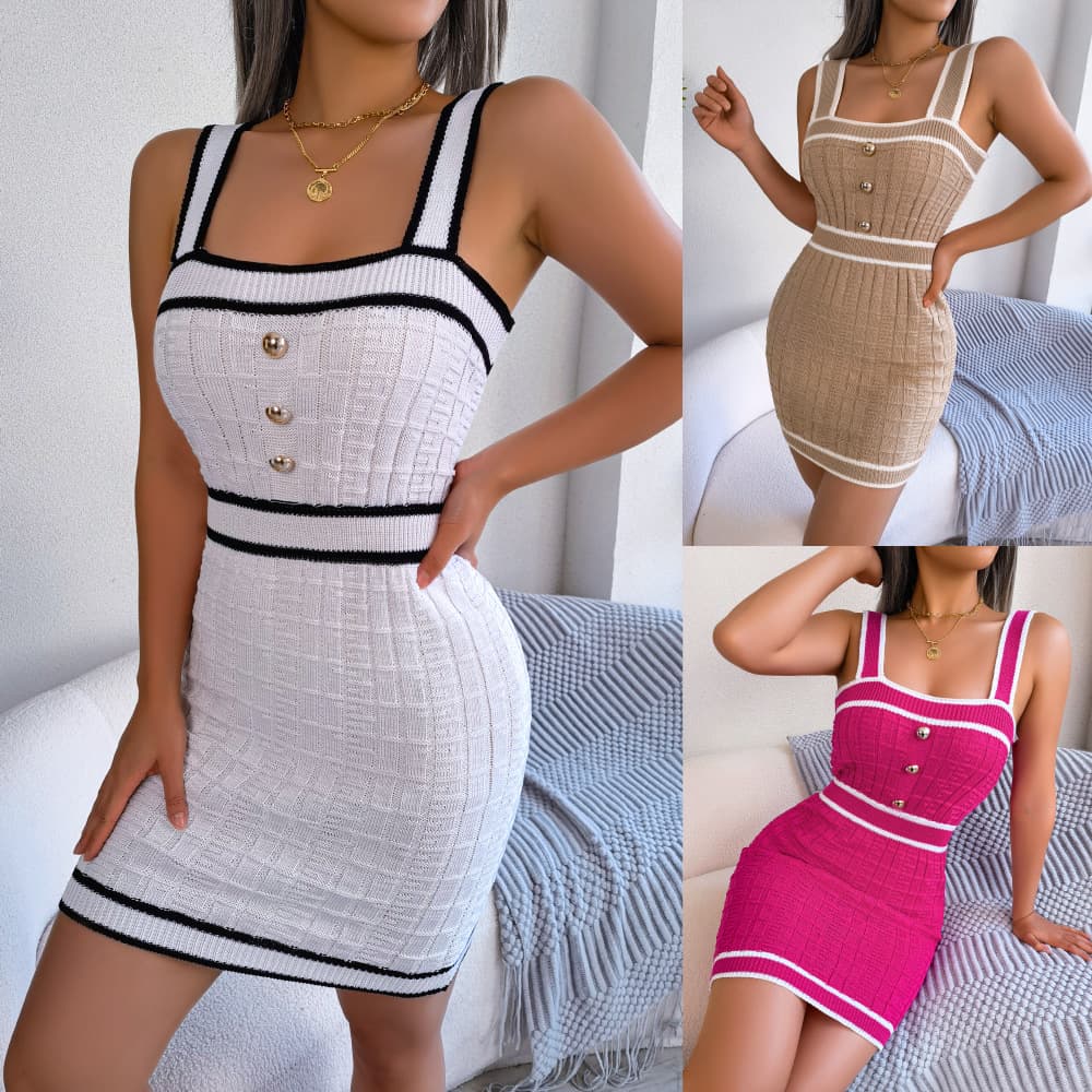 Spring/Summer Casual Square Neck Button Collar Colored Waist Knitted Wrapped Hip Skirt for Women