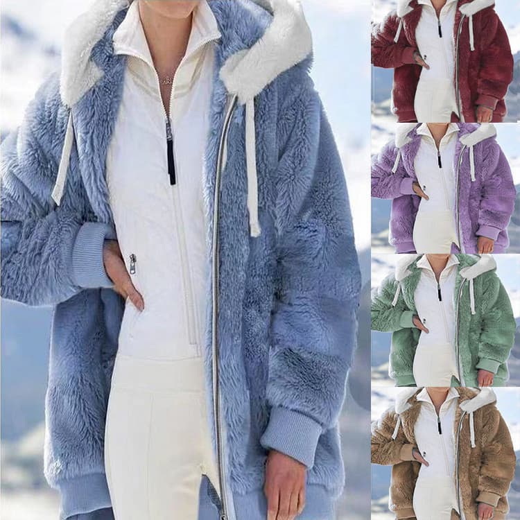 Women's loose plush zip-up hooded coat