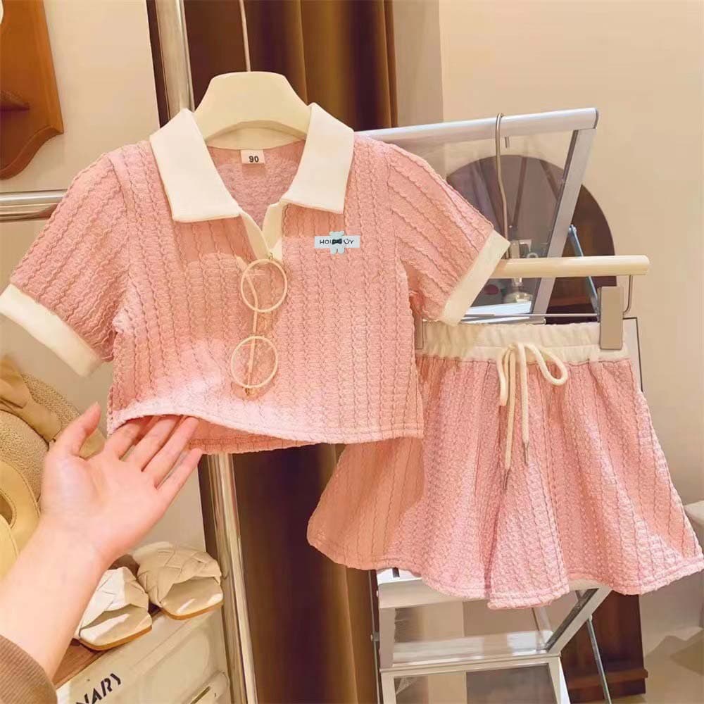 New Casual Polo Collar Hemmed Shorts Short Sleeve Baby Girl Two-Piece Set Girls' Summer Outfit