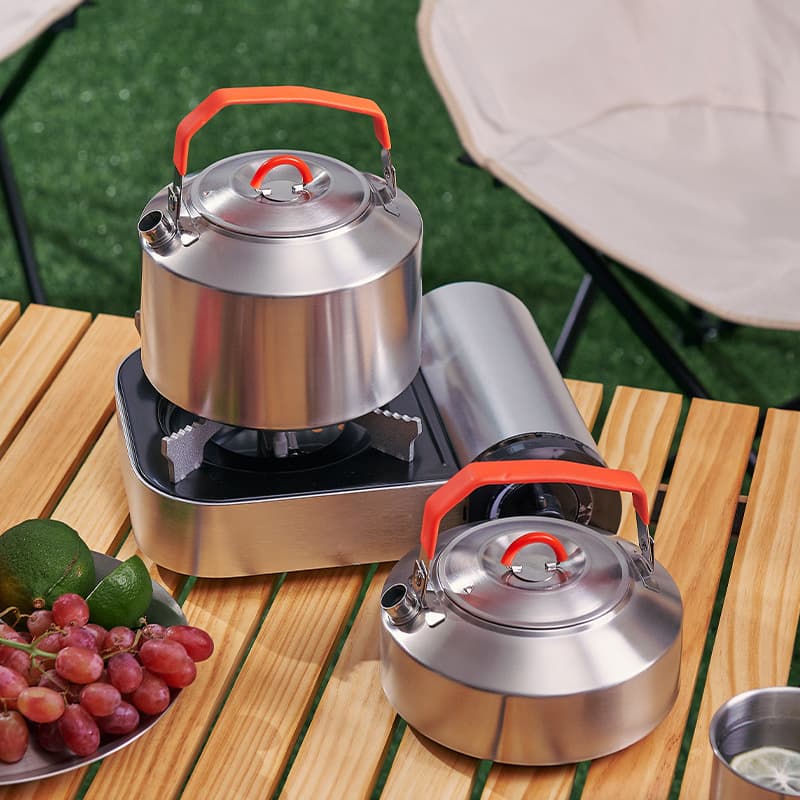 Stainless Steel Camping Kettle - Portable Outdoor Tea Kettle For Hiking (Foldable Handle Compatible With Gas Stove & Campfire Compact Travel Design)​