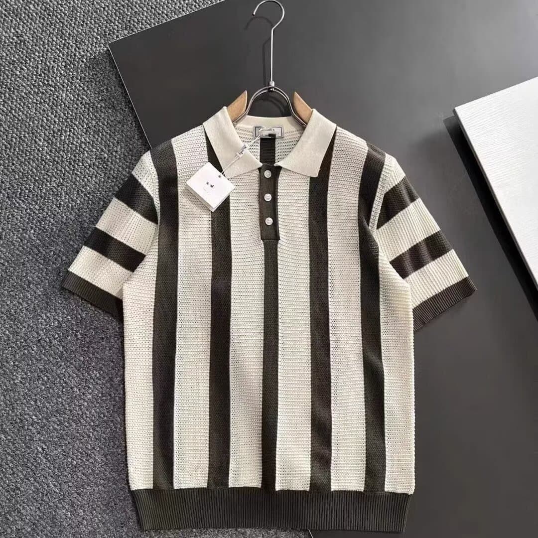 Men's Clothing Color Contrast Lapel Knitted Striped Short Sleeved Shirt Breathable Handsome Trendy All Match T Shirt