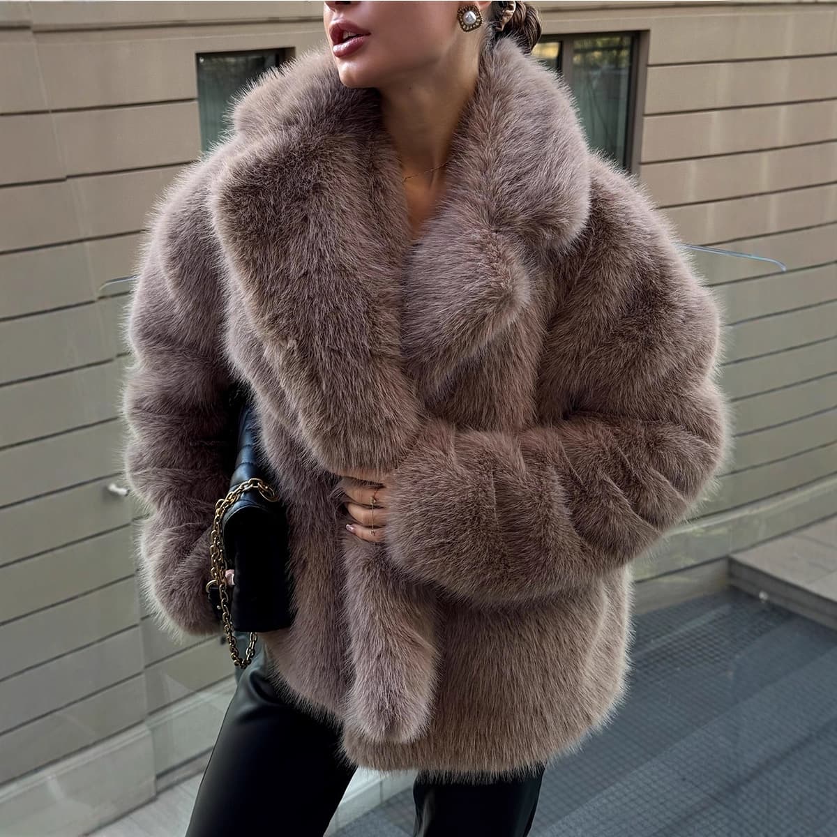 ​​Eco-Friendly Faux Fox Fur Coat – Women’s Oversized Blazer With Detachable Collar (S-XL, Dusty Rose, Vegan Fur, Street-Style Pockets)​​
