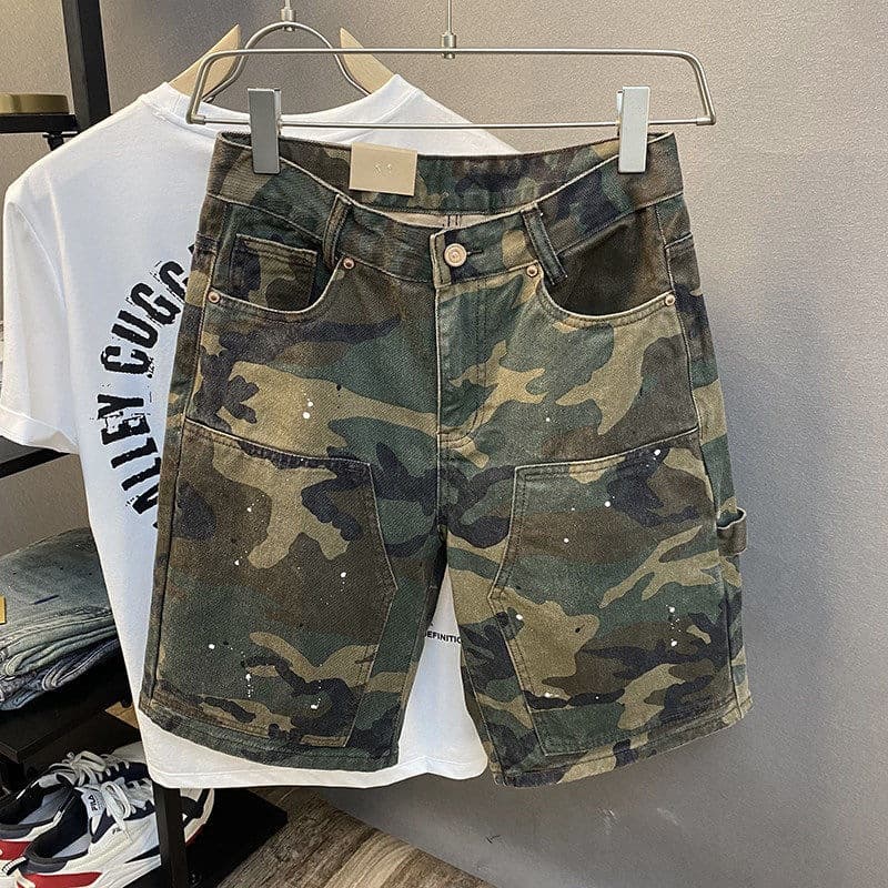 Men's Heavyweight Camouflage Cargo Shorts Summer Trendy Straight Leg Casual Five Point Pants Youth