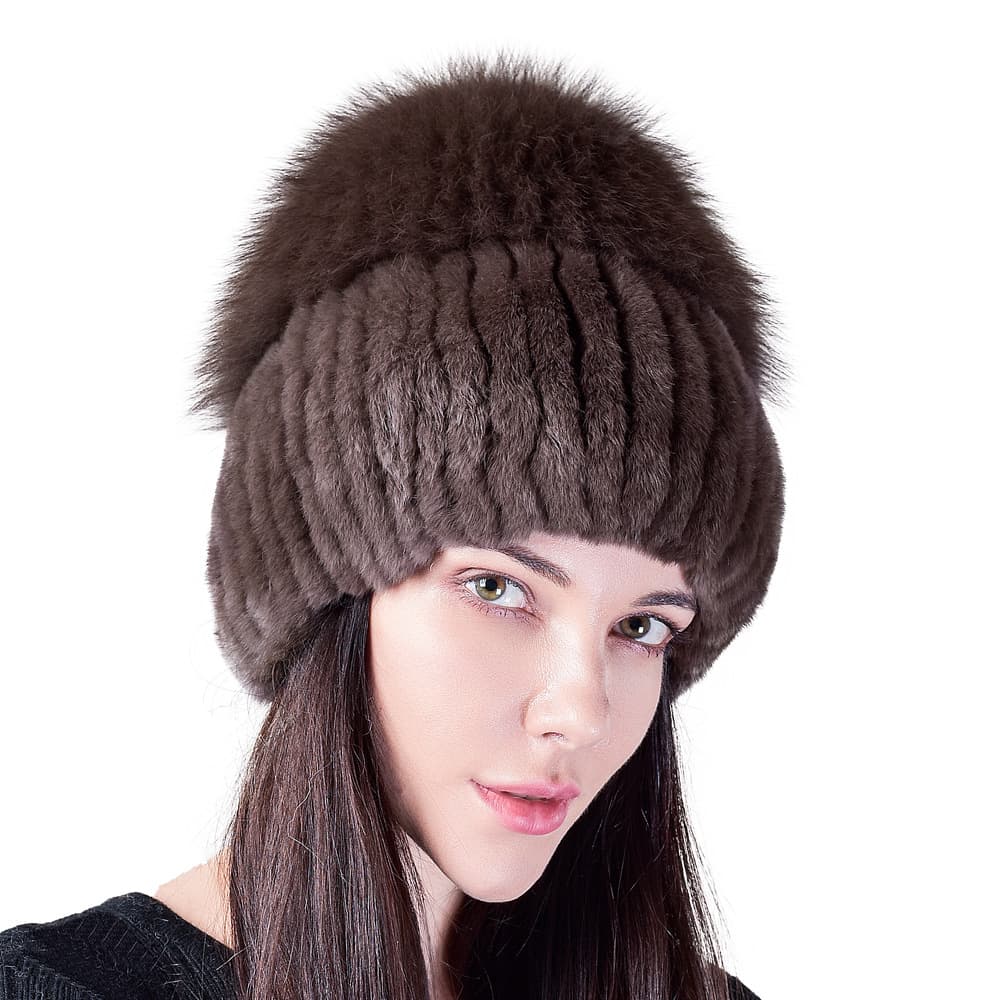 Luxury Genuine Rabbit Fur Hat With Fox Fur Trim - Ultra Warm Winter Knit Beanie For Women, Elegant & Chic Fashion Headwear For Cold Weather