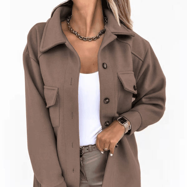 Women's fashion lapel single breasted thick solid color shirt wool loose coat