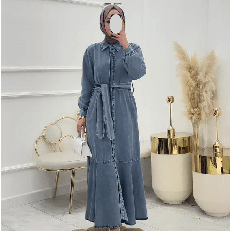 Women's Clothing autumn new women's clothing solid color zipper style lace up waist denim dress