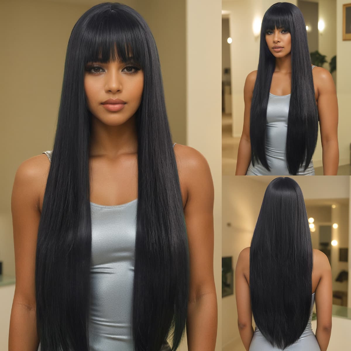 Hair Extensions Wigs Fashion Ladies Black Bangs Long Straight Natural Daily High Temperature Silk Chemical Fiber Full Headpiece