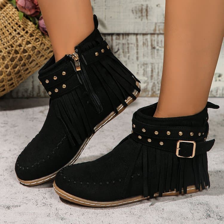 Large Size Rivet Fringe Metal Buckle Short Boots Autumn And Winter New Flat Warm Women's Boots