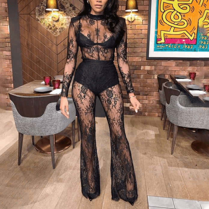 Women's popular lace see-through sexy nightclub large size jumpsuit