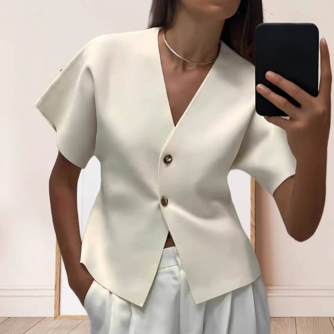 Women's Clothing Simple Solid Color V Neck Knitted Women's Autumn New Commuting Fashion Temperament Two Button Short Sleeved Top