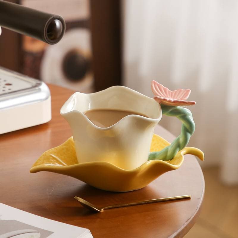 Coffee Cup Flower Language Butterfly Ceramic Cup And Saucer Set With Spoon Exquisite Cup Cute Couple Cup