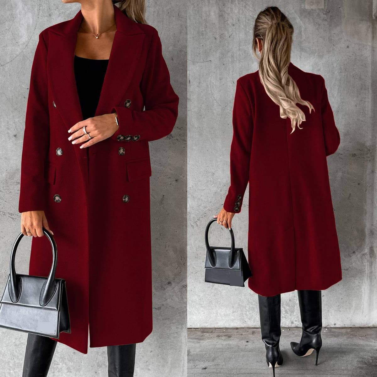 Women's High-street Versatile Wool Long Coat, Solid Color, Long Sleeves, Double-breasted With Pockets