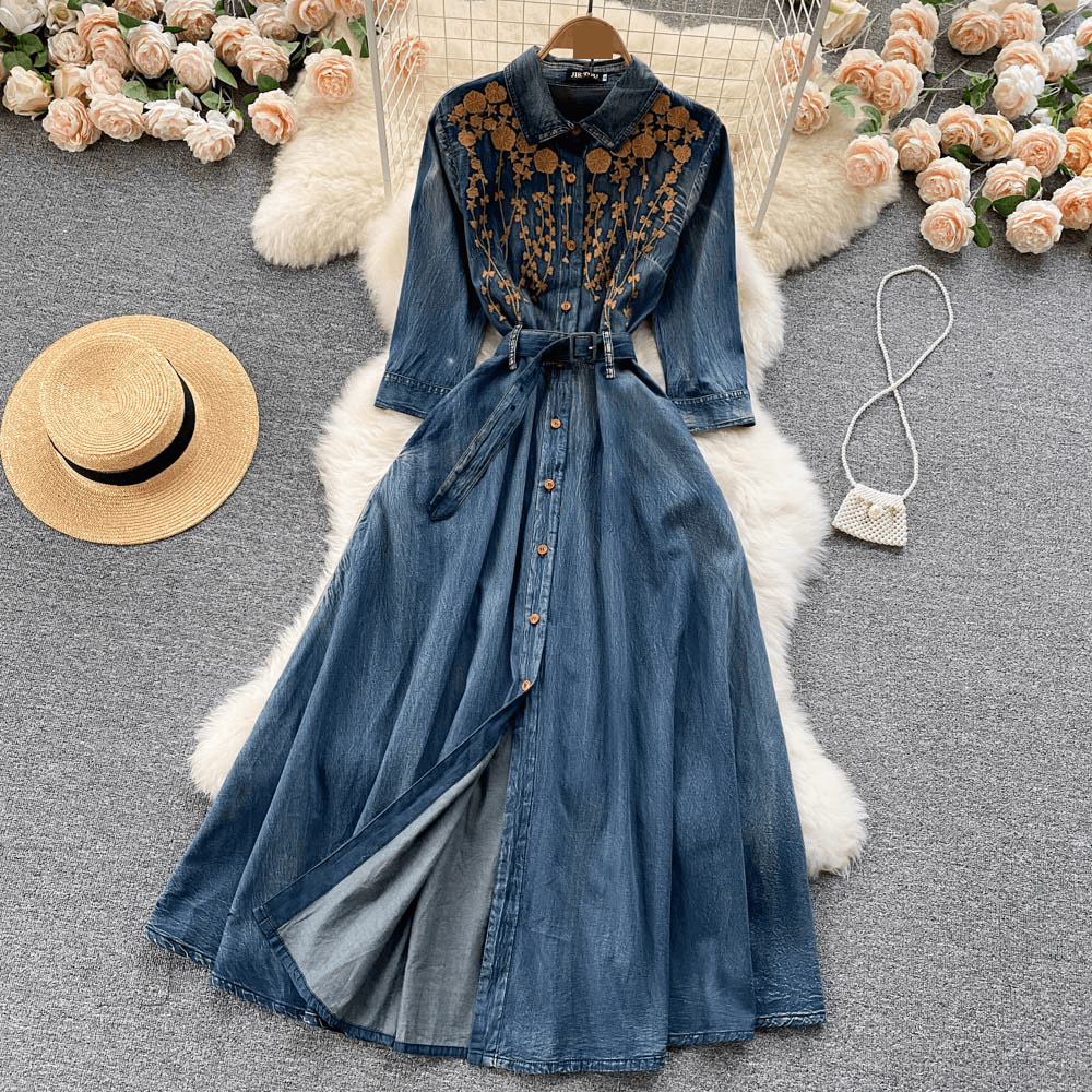 Women's Clothing retro heavy embroidery design niche high end celebrity temperament single breasted denim dress for women