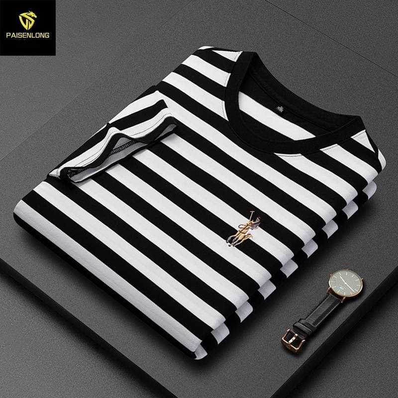 Men's Clothing Summer Striped Men's New Short-Sleeved T-Shirt Men's Short-Sleeved Embroidered Lapel Top
