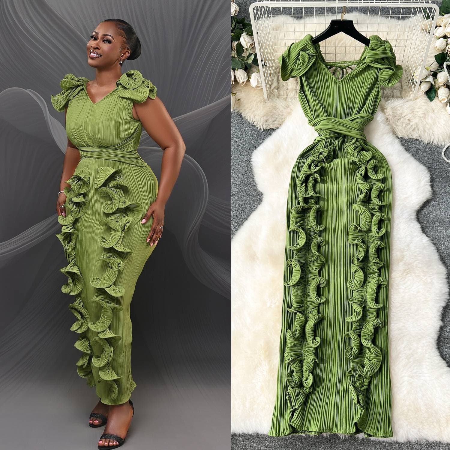 Women's Clothing Banquet High End Dress High End Light Luxury Niche Pleated Three Dimensional Ruffled Slim Long Temperament Dress