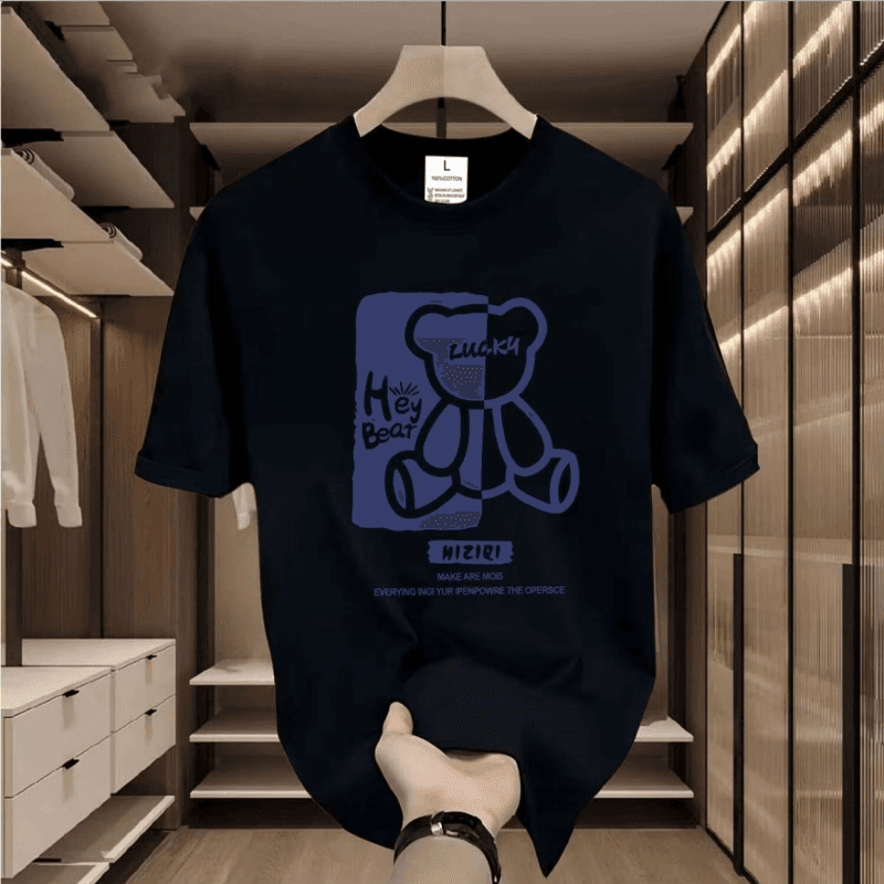 【DORAE】2026 Warm T-shirt (Organic Cotton) Black ("Lucky Graffiti Bear" Print & Distressed Finish) – Genderless Silhouette For Couple Outfit