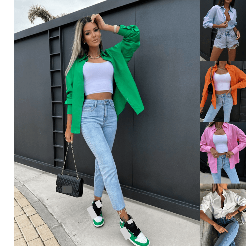 Women's Clothing Spring And Summer New Women's Clothing Loose Solid Color Long Sleeved V Neck Button Shirt Shirt Women