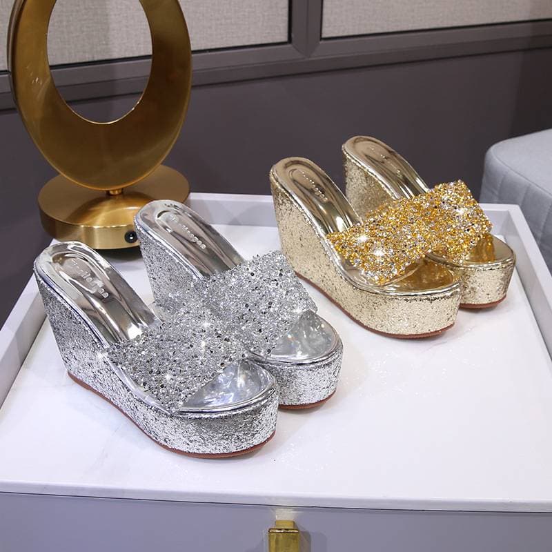 Women's Platform Slide Sandals - Glitter Platform Peep-Toe Sandals - High Wedge Summer Fashion Shoes For Casual & Dressy Occasions​