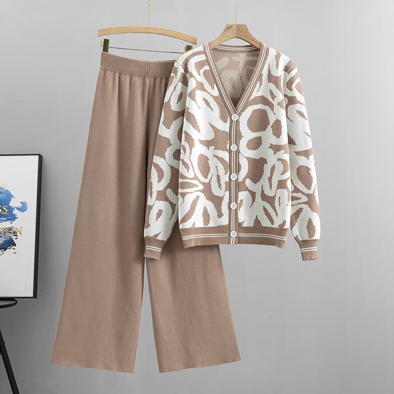Women's Knitted Cardigan Sweater Loose Wide-leg Pants Suit Fashion Two-piece Suit