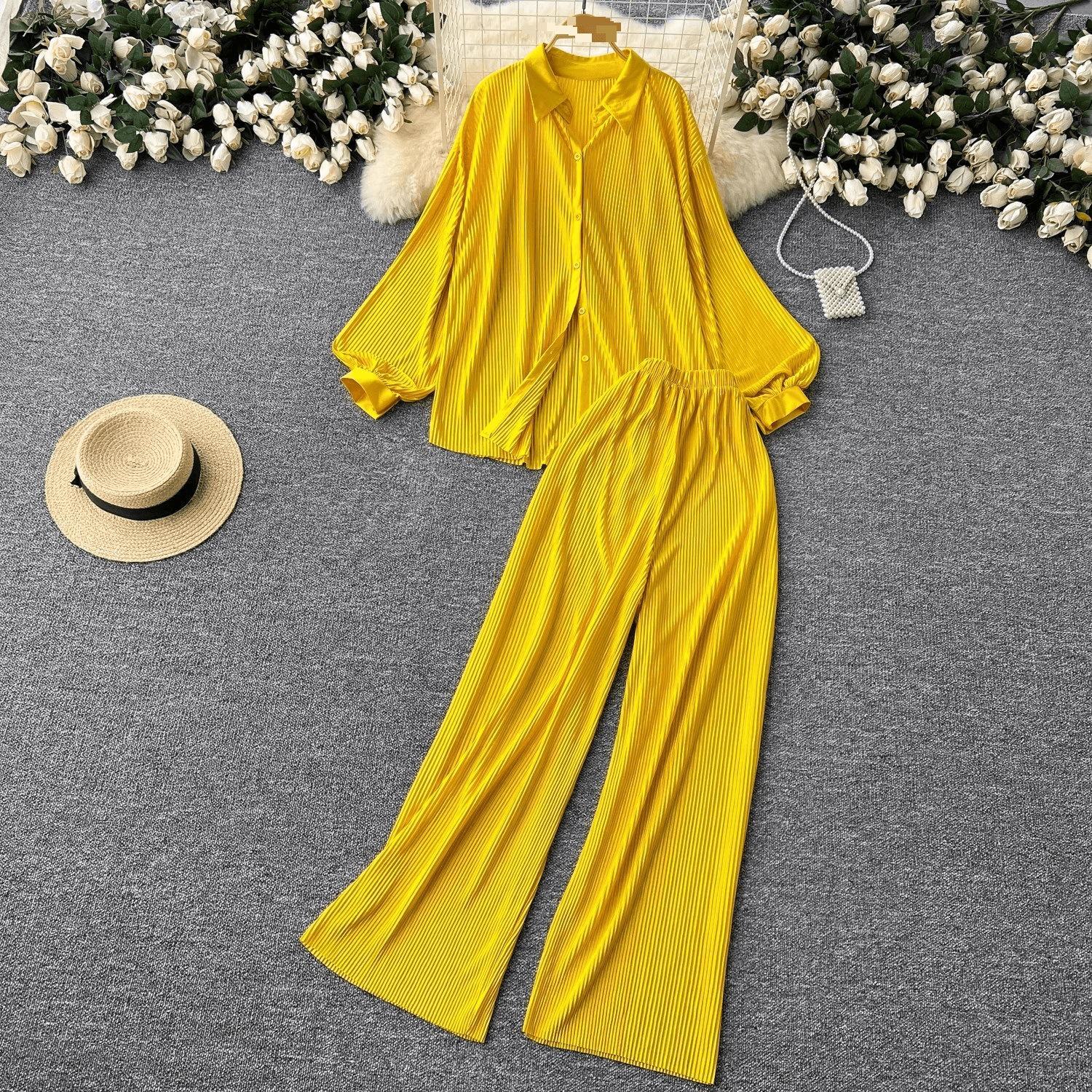 Women's Clothing High End Lantern Sleeve Loose Shirt High Waist Slim Wide Leg Drape Trousers