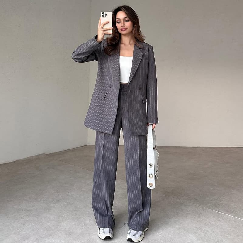 Women's Clothing Long Sleeved Button Top Classic Solid Color Long Sleeve Button-Up Shirt & Straight Pants Suit Set For Women - Office & Casual Wear​
