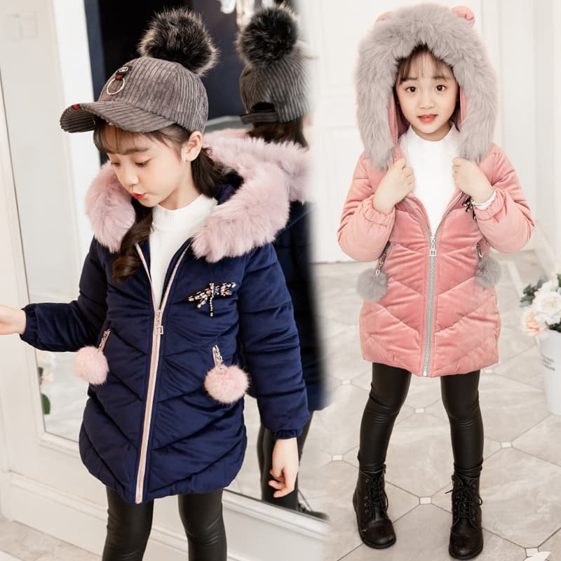 Girls' Winter Hooded Long Puffer Coat With Fleece Lining, Thickened Mid-Length Jacket For Kids, Cartoon Dragonfly Design, Korean Style Fashion
