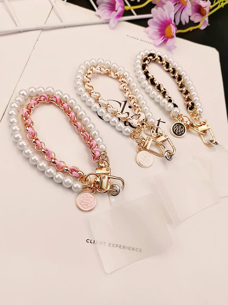Leather Pearl Camellia Mobile Charm Bracelet Chain for IPhone Samsung Anti-lost Universal Cell Phone Strap Rope Pendant