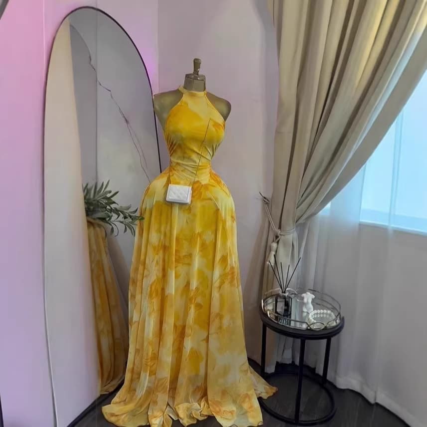 Women's Clothing American Style Sleeveless Dress Sweet Elegant Printed Waist Cinching Tie Long Dress