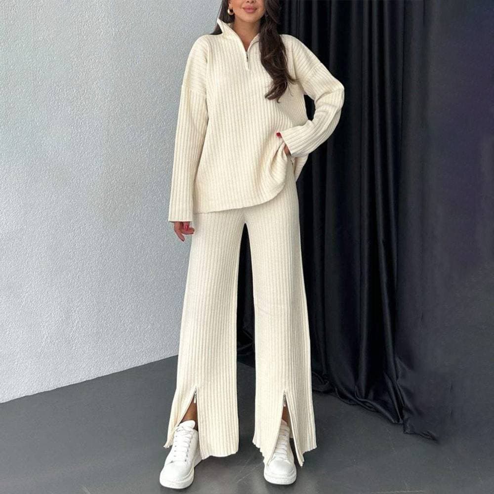 Women's Clothing 2024 autumn new women's clothing solid color zipper knitted suit high collar ribbed home clothes two piece suit