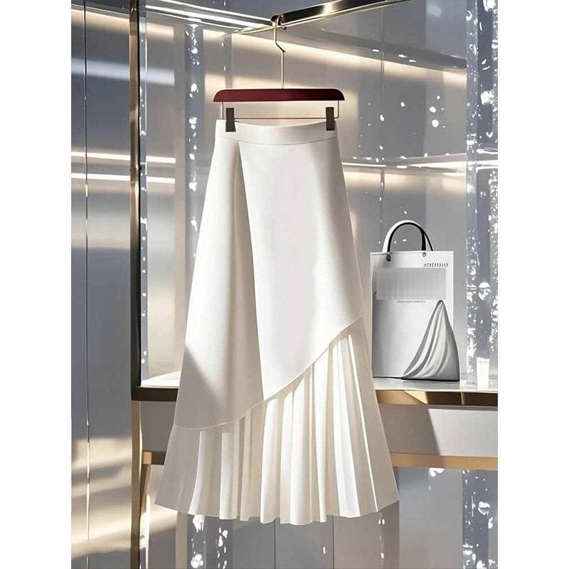 Elegant High-Waisted A-Line Skirt For Women - Flattering White Midi Skirt With Hip-Hugging Design, Korean Style Versatile Outfit Essential