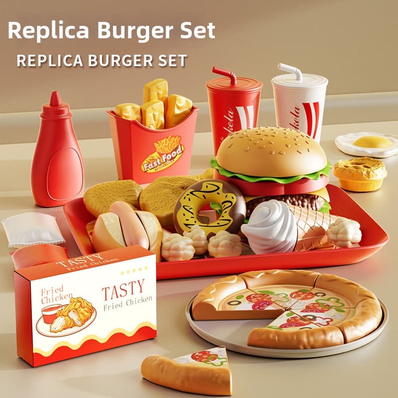 Children's Pretend Play Kitchen Toy Set Fast Food Pizza Burger Fries Fried Egg Tart Combo Simulation Cooking Bucket For Kids