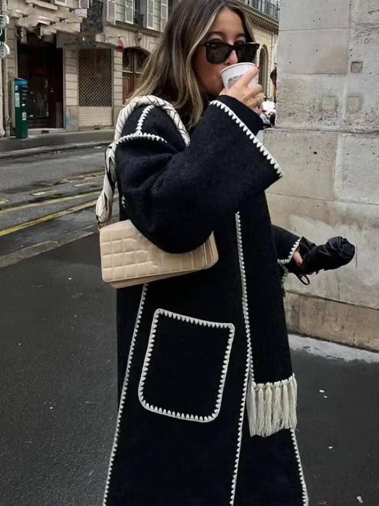 women's popular woolen long-sleeved pocket women's scarf tops long coats