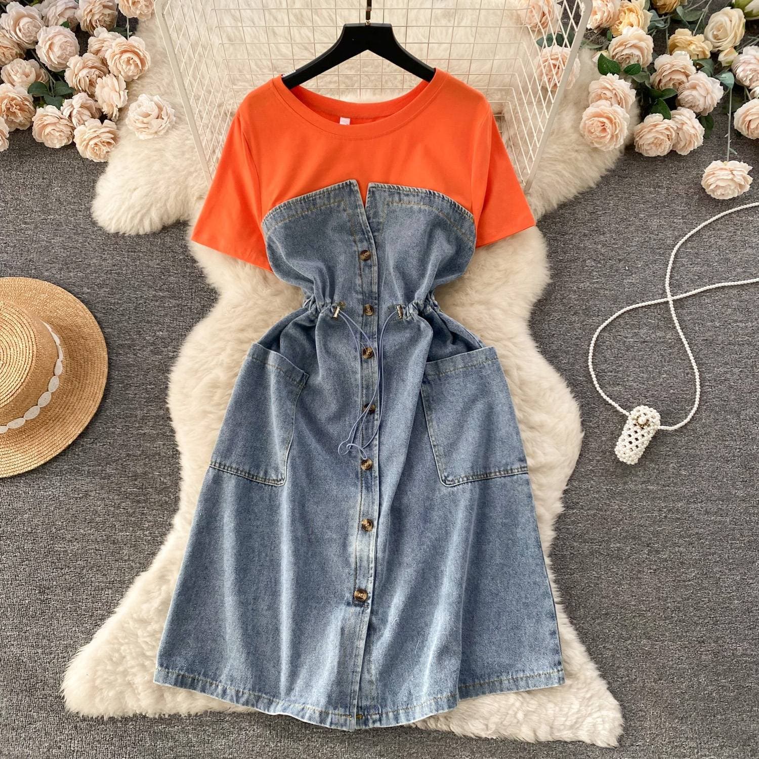 Women's Clothing Temperament Age Reducing Two Piece Dress For Women Round Neck Short Sleeves Patchwork Waist Denim Long Skirt