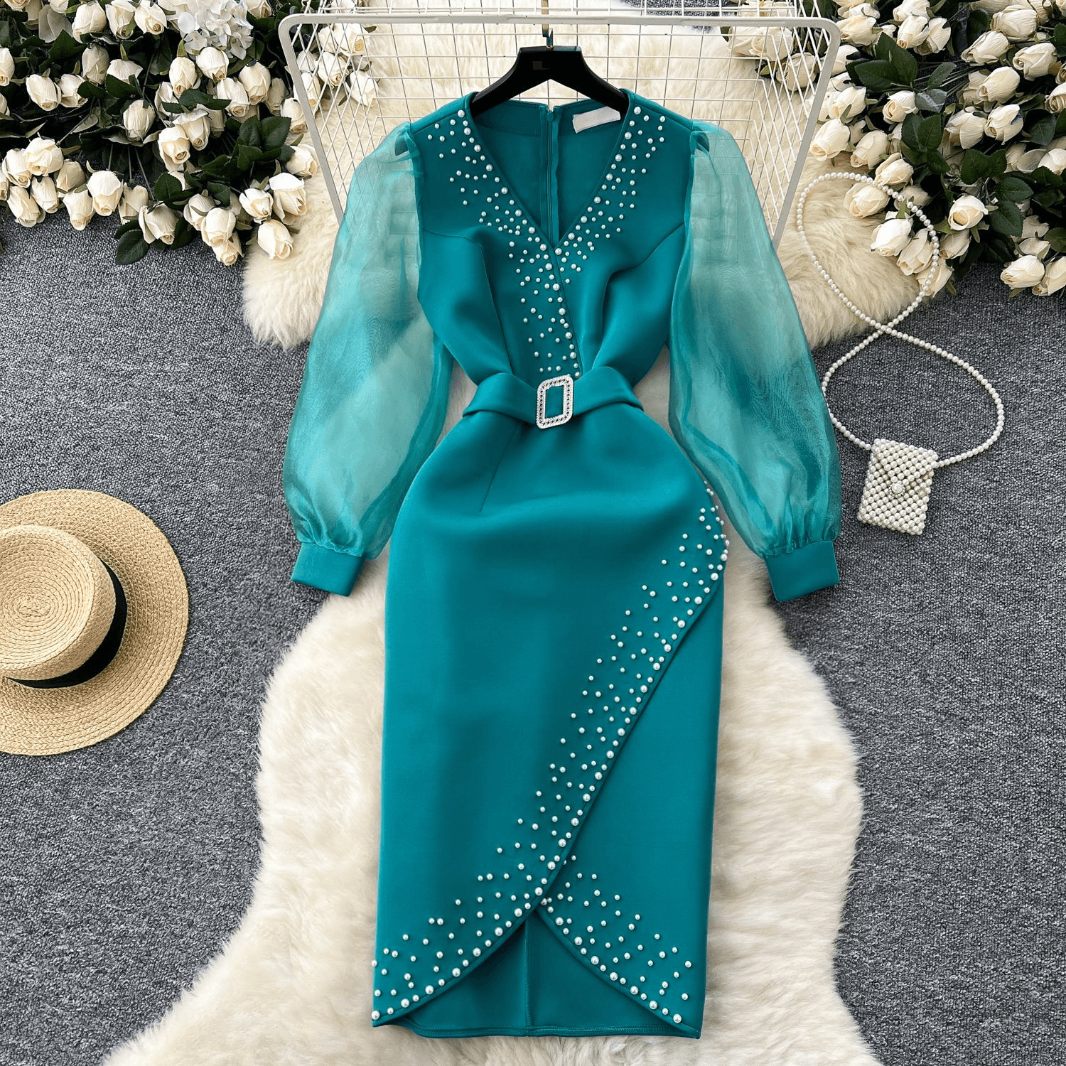 Women's Clothing Fashionable Heavy Beaded V Neck Mesh Splicing Long Skirt