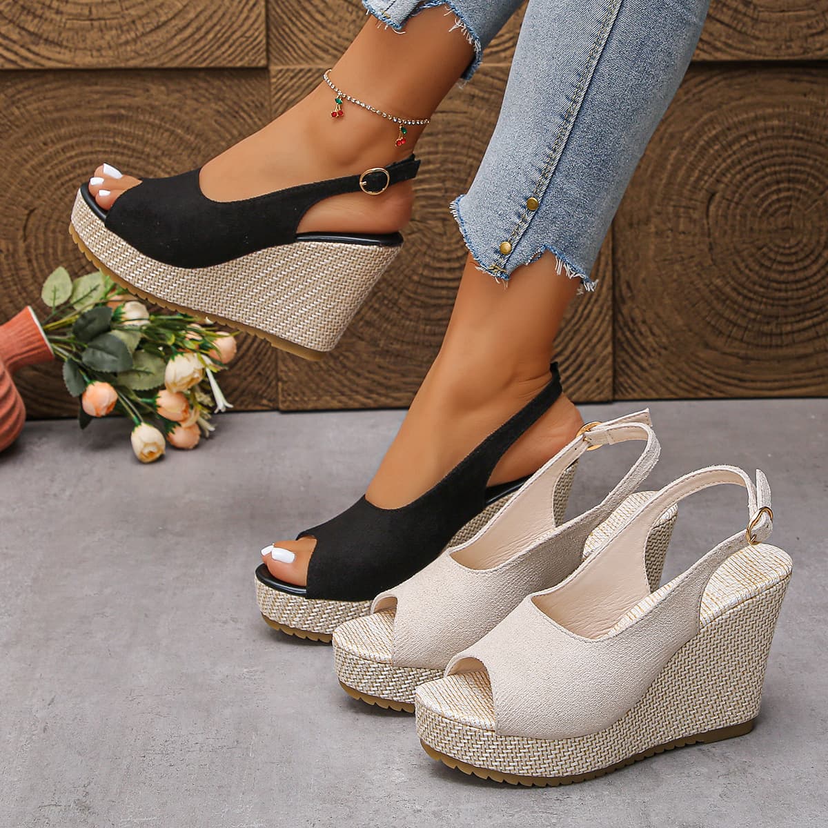 Women's European American Style Peep Toe Wedge Sandals Suede Thick Sole Plus Size Roman Summer