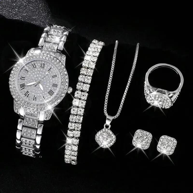 Jewelry Sets Popular Fashion Ladies Roman Pattern Watch Set Cornucopia Quartz Watch Full Diamond Bracelet Necklace Spot