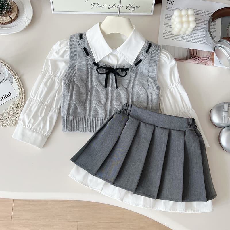 Mother Kids Spring And Autumn SuitsNew Style Girls' College Style Skirt Wool Vest Shirt Three Piece Suit Trendy