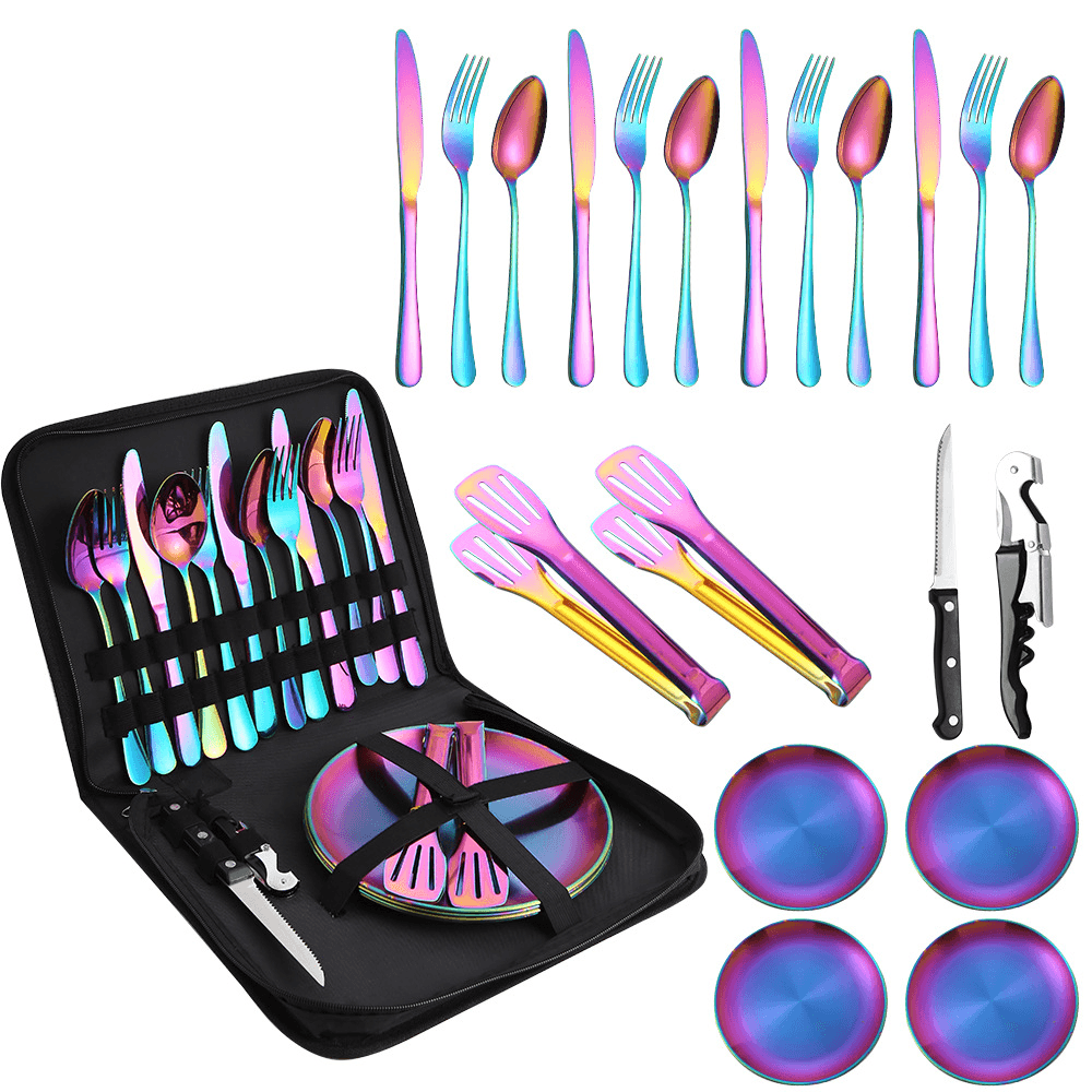 Stainless Steel Outdoor Cutlery Set Take Out Camping Steak Knife Fork Spoon Cloth Bag Cutlery Set
