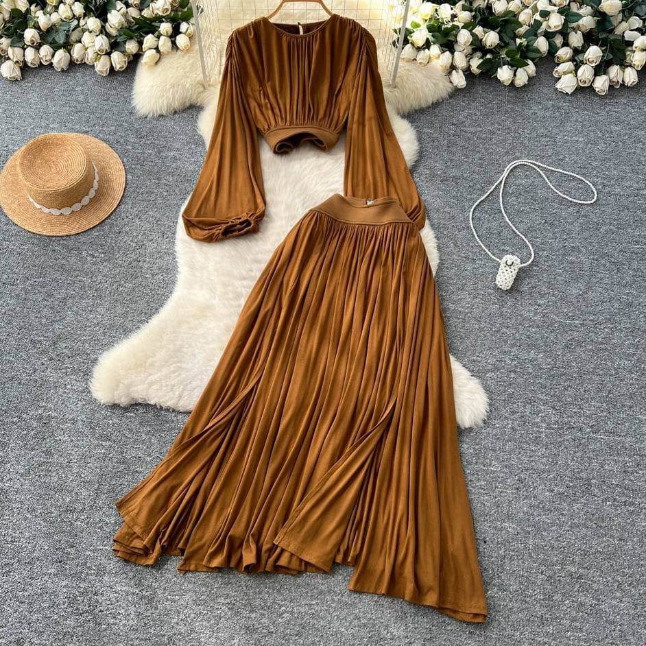 French-Inspired Blouse & High-Waist Slit Skirt Set (S/M/L, Autumn Brown, Lantern Sleeves & Flowy Silhouette)