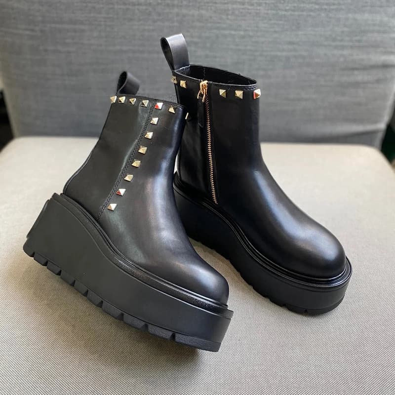 Autumn Winter Thick-Soled Short European American Style Height-Increasing Martin Round-Toe Rivet Genuine Leather