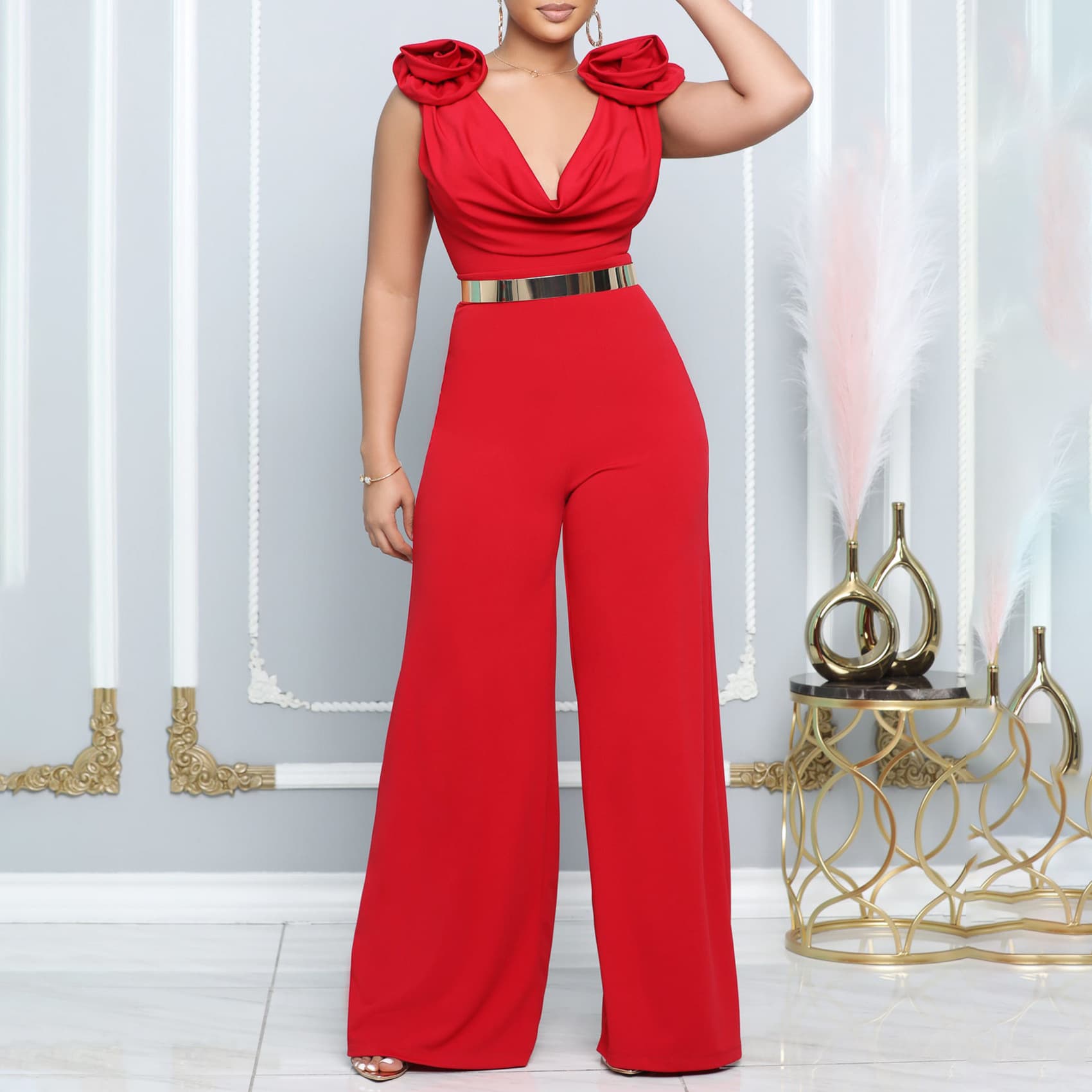 Women's clothing V-neck sexy wide-leg pants solid color high-neck sleeveless waist jumpsuit