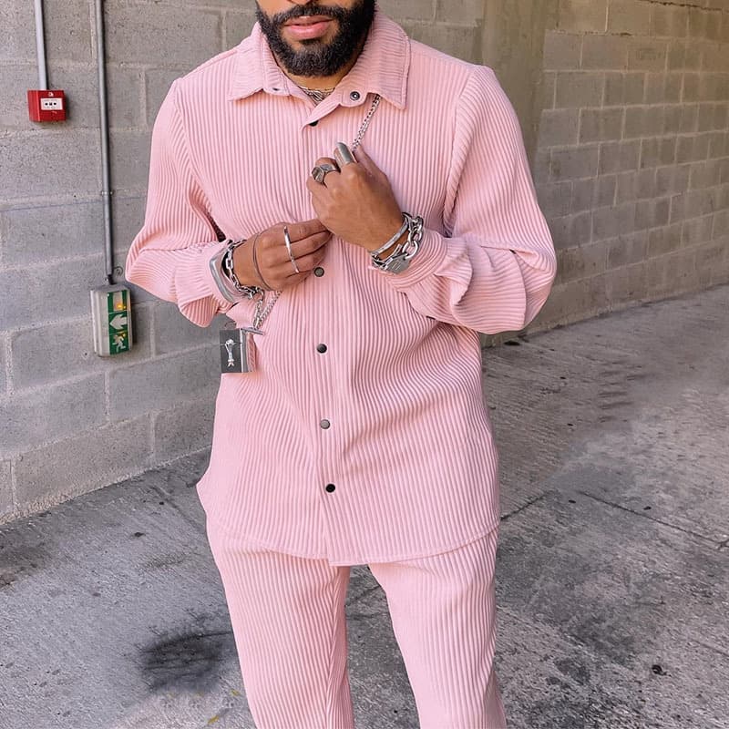 Men's Clothing foreign trade European and American men's casual corduroy suit Independent station men's striped sleeved shorts two piece set