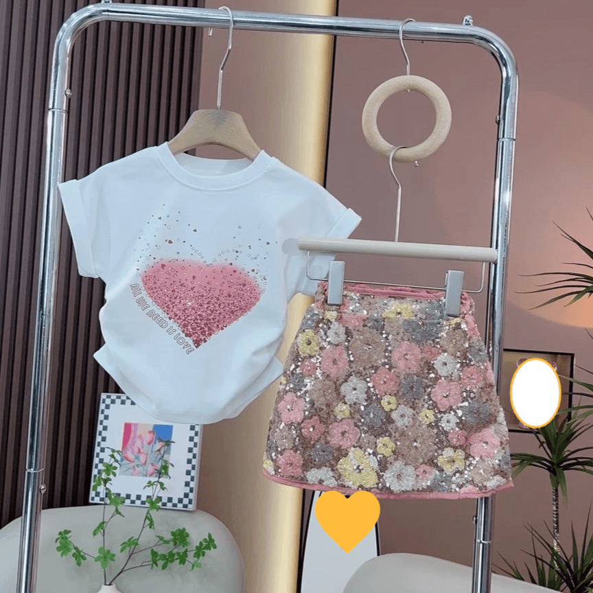 Mother & Kids Girls suits 2024 summer new children's short-sleeved T-shirt sequined skirt two-piece suit girls fashionable summer clothes