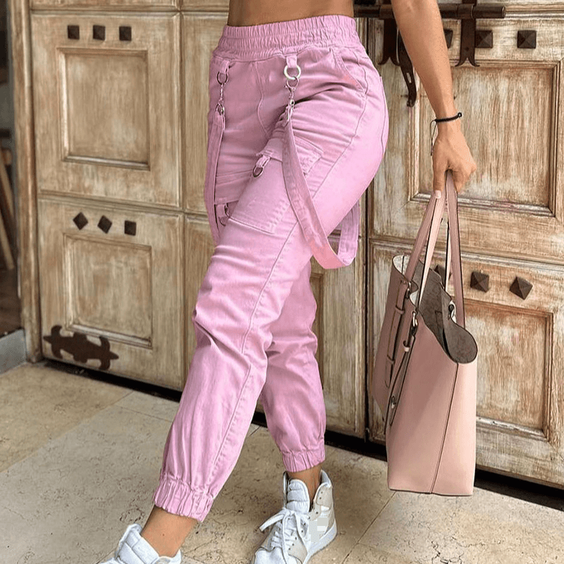 Women's pink patch pocket suspender elastic casual pants